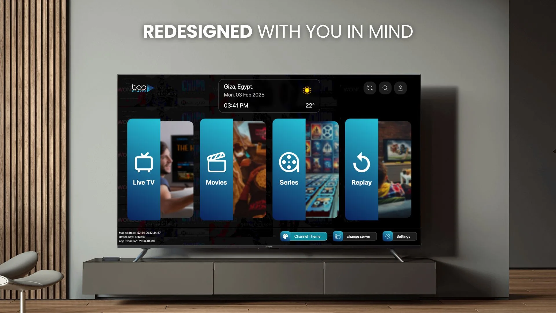 Interface de referência do BOB Player com atalhos de TV ao vivo, filmes, séries e replay